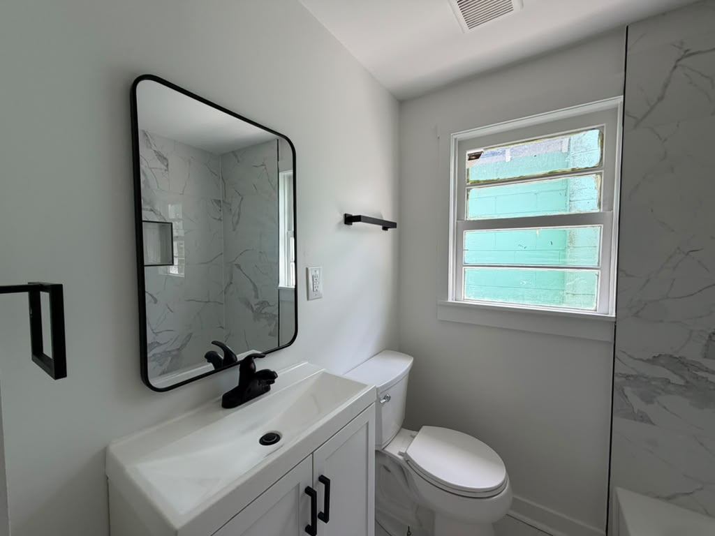 Bathroom vanity, mirror and toilet after renovation