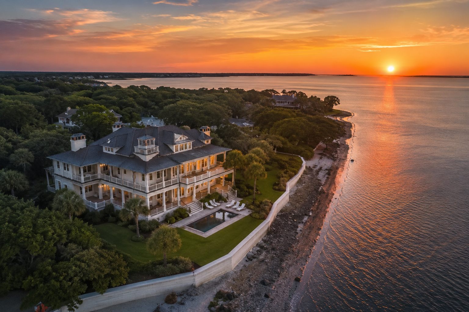 Waterfront property at sunset in the Charleston Lowcountry